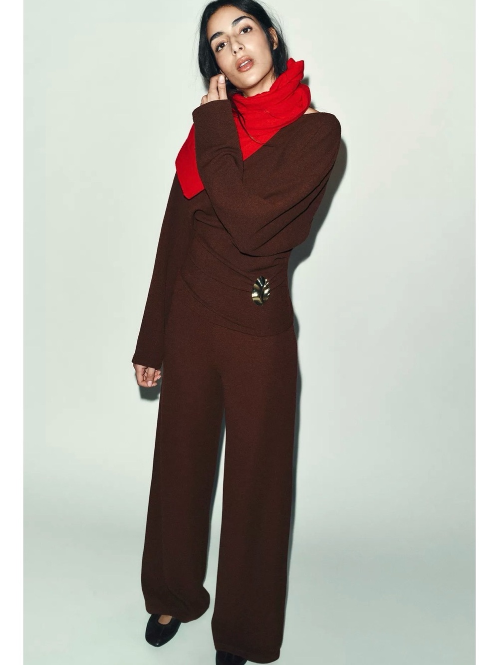 Zara textured wide leg pants and top with buckle co-ord set